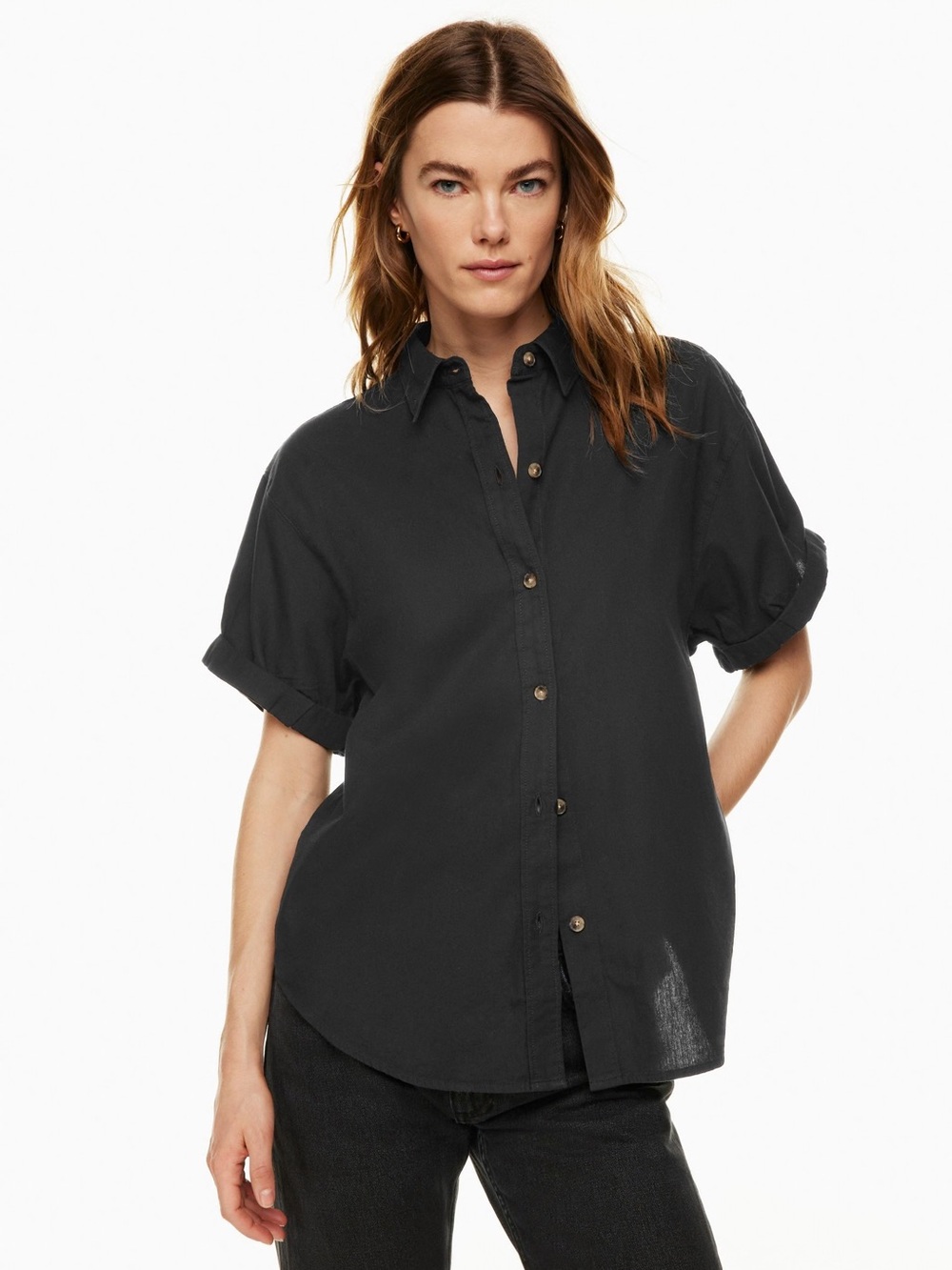 Denim Forum Black Short-Sleeve Button-Down Shirt